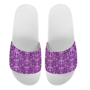 Sommer flache Hausschuhe für Damen und Herren mit lila Totenkopf Blumen Druck.