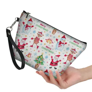 Trousse à Maquillage de Noël en Cuir PU avec Impression de Renne et Bonhomme de Neige Pochette à Fermeture Éclair pour Femmes Sac à Main de Voyage