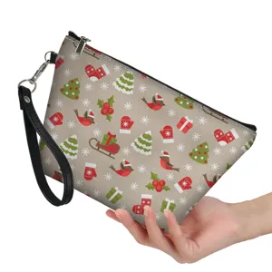 Christmas PU leather cosmetic pouch for women portable travel makeup bag wristlet.