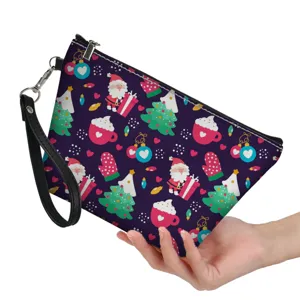 Christmas theme printed PU leather women clutch bag with wrist strap, fashion cosmetic bag