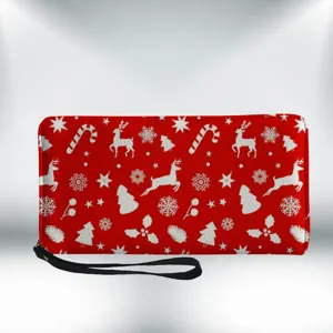 Portafoglio lungo in pelle PU di Natale rosso con cinturino da polso, custodia chic.