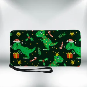 Elegante portafoglio lungo in pelle PU con stampa di dinosauri di Natale e zip.