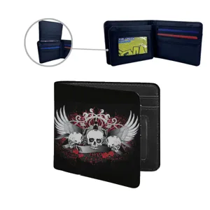 Men's gothic skull wing PU leather bifold wallet with multiple card slots and dark style.