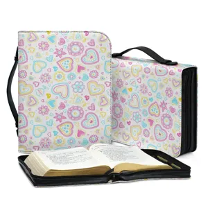 Rosa Herzmuster PU Leder Bibel Tasche mit Griff und Reissverschluss fuer Bucher Alltag
