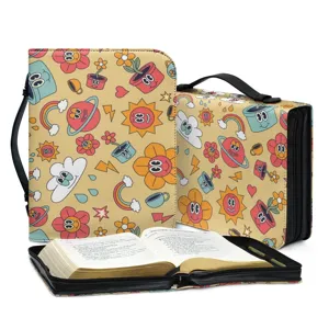 PU Leder Bibel Hülle Tasche mit retro Cartoon Smiley Blumen und Planeten Print Griff.