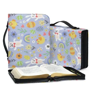 PU Leder Bibel Tasche mit Griff Reißverschluss Osterhase Blumen Muster Schutzhülle