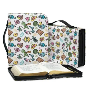 PU Leder Bibel Tasche mit niedlichem Sommer Cartoon Doodle Muster, tragbarer Griff Reißverschluss.