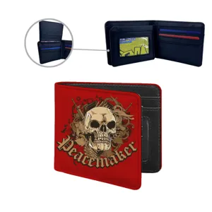 Men's folding PU leather wallet with skull print, compact bifold card holder design for daily use.