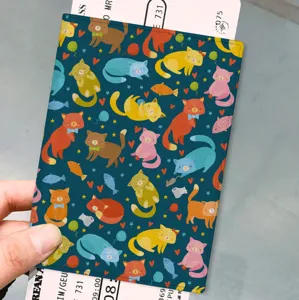Cute cartoon cat PU leather passport cover travel document organizer card holder for women