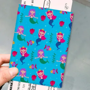 Cartoon mermaid print PU leather passport holder travel document organizer card case wallet