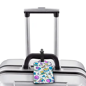 Cartoon carnival pattern luggage tag with strap, vibrant travel bag ID label for easy identification.