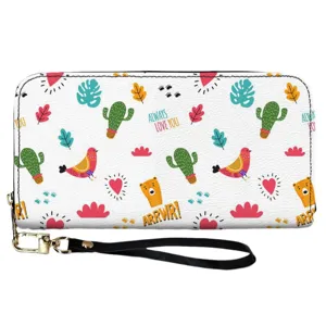 Women PU leather zip long wallet cute cartoon print clutch purse with wrist strap black