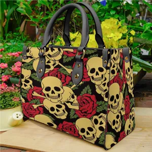 Damen Gothic Totenkopf und rote Rosen Print PU Leder Handtasche Freizeit Umhängetasche
