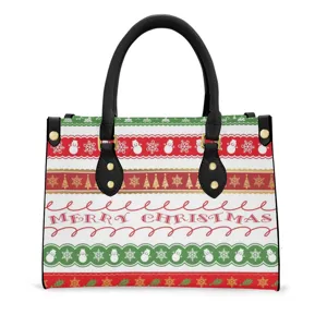 Sac à main cabas en cuir PU de Noël avec motif festif de bonhomme de neige et de sapin.