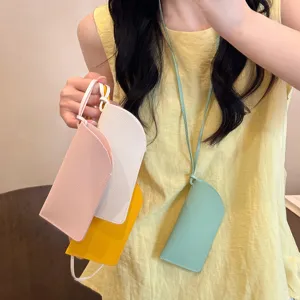 Colorful leather glasses case with lanyard portable neck hanging pouch stylish portable accessory