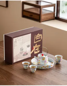 Vue détaillée du service à thé en céramique avec théière, plateau et quatre tasses.