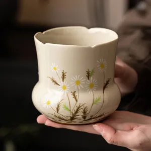 Hand-Painted Chrysanthemum Ceramic Tea Bowl Basin Vintage Straw Ash Glaze Waste Water Container Tea Ceremony Accessories For Home Office