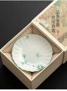 Hand-painted green bamboo ceramic tea cup coaster, Chinese style snack dish lid holder.
