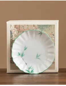 Hand-painted green bamboo ceramic tea coaster snack plate Chinese style decorative plate pad