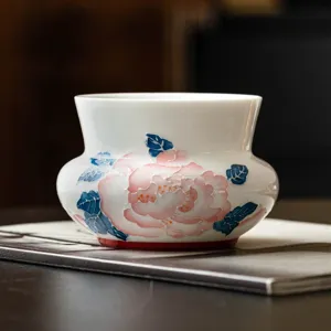 Handgemachte Keramik Tee-Waschschale Jianshui mit rosa Pfingstrosen fuer traditionelles Teeset.