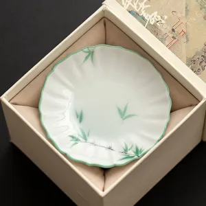 Hand-painted green bamboo ceramic saucer flower shaped tea coaster dessert plate gift box