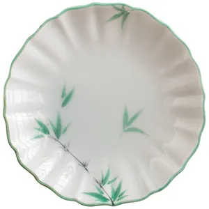 Ceramic green bamboo flower shape coaster tea set accessory Chinese snack plate design.