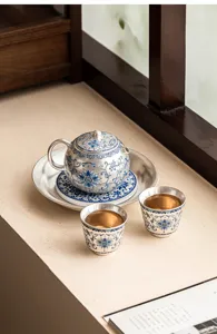 Detailed view of 999 silver-plated ceramic Kung Fu tea set teapot cups elegant blue lotus design