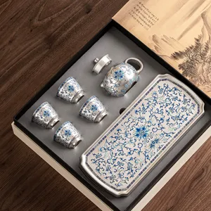 Set da Tè Kung Fu in Ceramica Blu e Bianca Placcato Argento 999 Con Teiera Quattro Tazze Vassoio Motivo Loto Fortuna Scatola Regalo