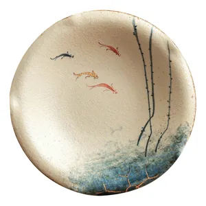 Hand-painted ceramic tea saucer, vintage artistic fish pattern teapot holder for tea set.