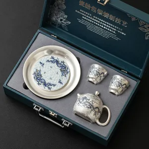Luxe 999 verzilverde keramische theeset geschenkdoos met prachtig drakenpatroon.