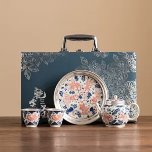 Goldfish Pattern Silver Gilded Ceramic Kung Fu Tea Set With Gift Box Pot Cups And Tray Retro Luxury Style Home Decoration