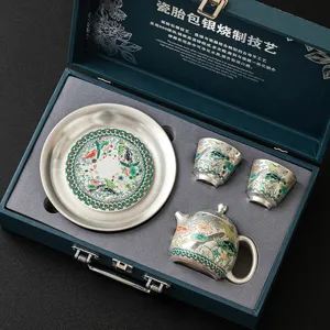 999 Silver-Plated Ceramic Tea Set Fish And Algae Pattern Kung Fu Teaware With 1 Pot 2 Cups And Tray In Gift Box For Home Office Gift