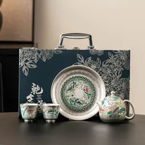 Traditional Chinese 999 silver plated fish and algae pattern tea set with gift box.