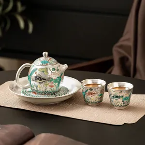 999 silver plated fish and algae tea set teapot and cups gift for elders and business