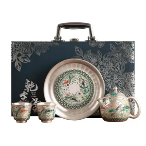 999 gilt-silver fish algae pattern tea set gift box teapot cups tray elegant oriental tableware