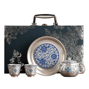 Chinese Kung Fu Tea Set Ceramic Teapot Two Cups Gift Box Blue White Floral Silver Plated