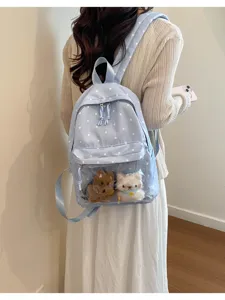 Cute sweet style travel polka dot backpack with clear front pocket for cute plush doll display.