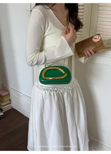 Mini green round evening bag with gold metal handle and chain strap for women retro style
