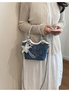 Korean style trendy denim bucket handbag for women, casual commuter shoulder bag with star charm.