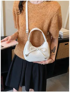 Borsa a mano bianca chic con fiocco da donna, elegante borsa a tracolla in pelle PU, dettaglio.