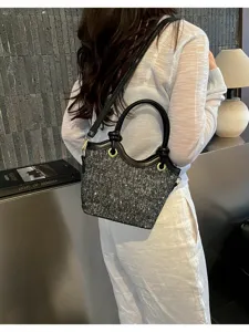 Women fashion tweed bucket shoulder bag chic commuting handbag with premium leather handle.