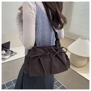 Borsa a tracolla a quadri stile coreano da donna, comodo design rétro con grazioso fiocco.
