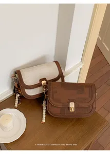 Sac bandoulière rétro couleur contrastée pour femme, chic sac besace vintage avec perles.