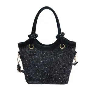 Korean style black denim bucket bag with sparkly rhinestone dots, chic knotted top handles.