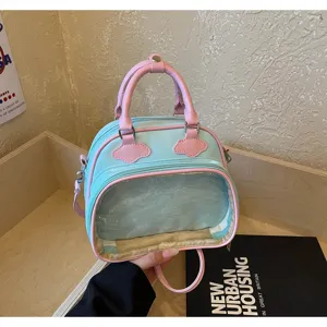 Vue détaillée du joli sac ita transparent bleu et rose avec fenêtre et poignée.
