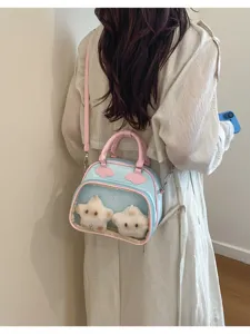 Sac ita transparent avec etoiles en peluche, sac a bandouliere bleu pastel pour femmes.