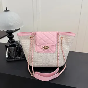 Dames Zomer Strand Vakantie Geweven Stro Tote Tas Gewatteerde Ketting Schouder Emmer Handtas