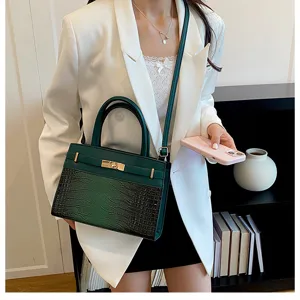 Chic green crocodile pattern shoulder bag for women, elegant top handle crossbody handbag.
