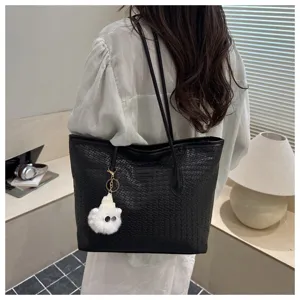 Schwarze gewebte Textur Tote Umhängetasche für Damen, minimalistische lässige Tasche.