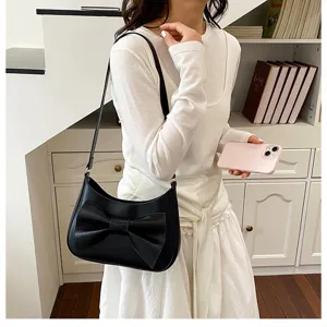 Black shoulder bag for women chic crescent hobo handbag with cute bow Korean fashion style.